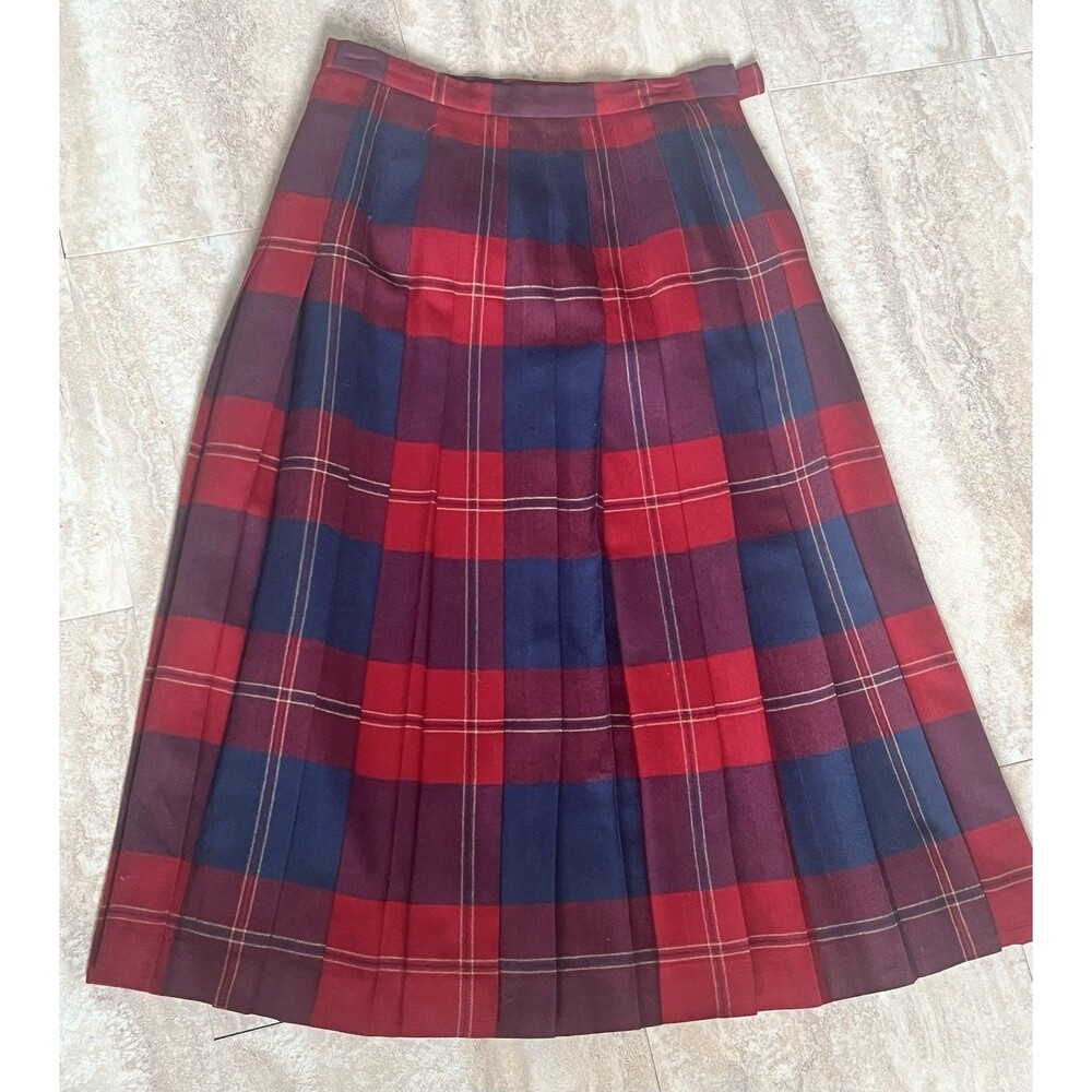 Vtg BURBERRYS Red Tartan Plaid Pleated Skirt 100% Wool Scotland Sz 10